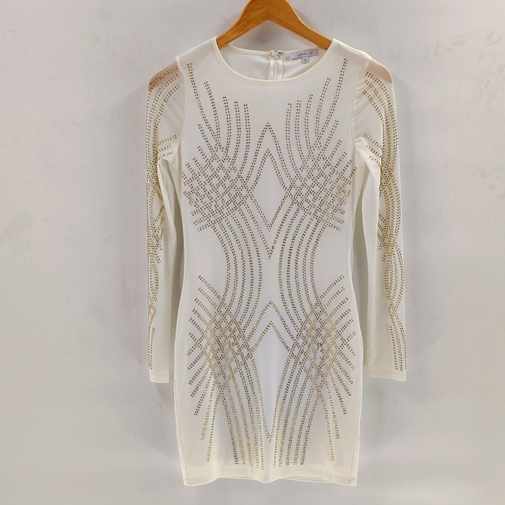 Blashe Fitted Dress Gold Rhinestone Embellished White Mesh Overlay Small Party